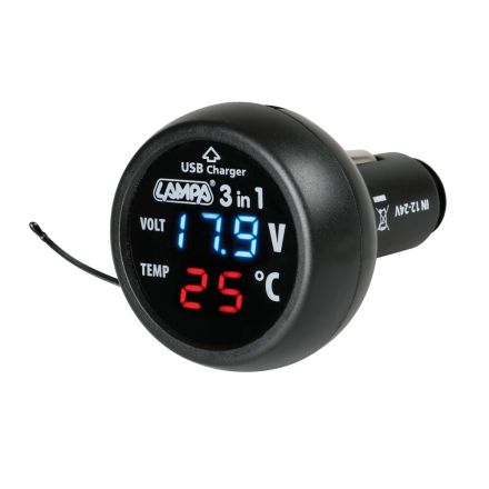Lampa 3 In 1 12/24V Plug  2.1A USB, Voltmeter & Thermometer